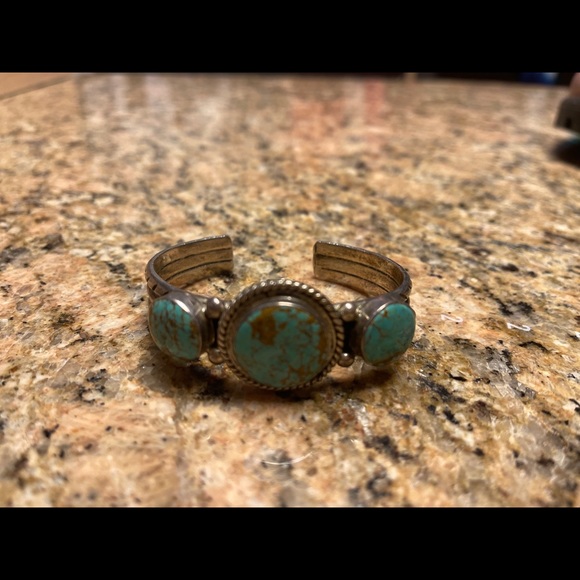 Silver 3 Stone Turquoise cuff Bracelet $2500 Signed - Picture 7 of 11